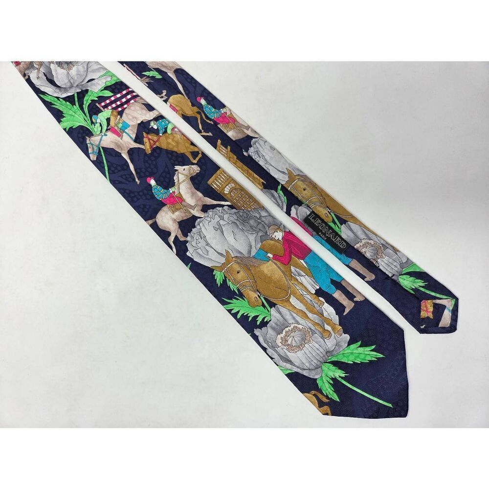 LEONARD PARIS SILK TIE BLUE NEON FLORAL EQUESTRIAN HORSES SATIN 4" X 56"